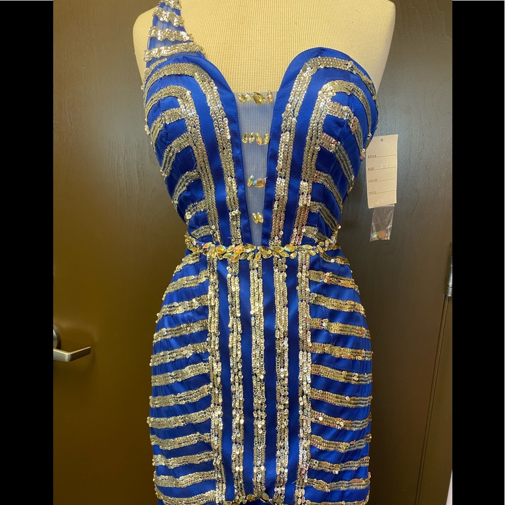 NWT Party Time Formal One Shoulder Detachable Train Royal/ Silver - Sz 2, 8, 12 - Picture 4 of 7